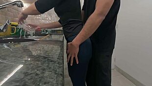 big cock unloads cum on white maid's fat ass while she cleans the kitchen