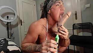 muscular milf smokes while slurping huge cock then squirts everywhere