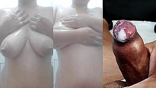 Nerd's tiny foreskin dick jerked wildly while hot teen girlfriend squirts on her juicy tits and pussy