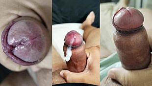 Nerd's tiny foreskin dick jerked wildly while hot teen girlfriend squirts on her juicy tits and pussy