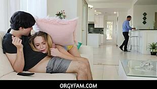 Stepsiblings Naughty Living Room Orgy Behind Stepdad Unleashes Wild Pleasure