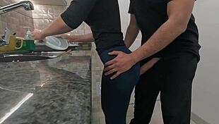 big cock unloads cum on white maid's fat ass while she cleans the kitchen