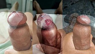 Nerd's tiny foreskin dick jerked wildly while hot teen girlfriend squirts on her juicy tits and pussy