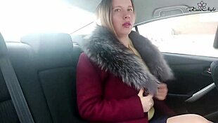 Cute shemale jerks wet pussy hard during horny taxi ride fetish