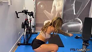 Tattooed blonde latina squats hard cock during intense gym workout pov