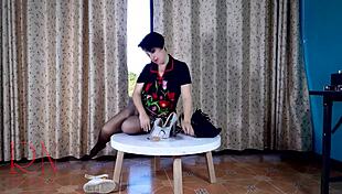 nice lady in pantyhose heels strips at round table