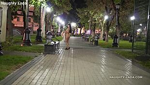Nighttime public flashing nude walk exposing everything outdoors