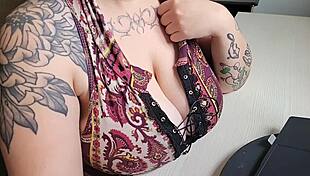 Chubby office friend with huge saggy tits and hairy pussy plays solo at work