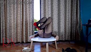 nice lady in pantyhose heels strips at round table