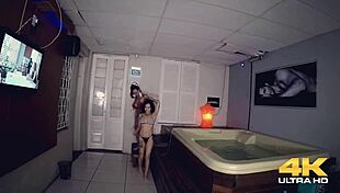 Brazilian milf with big natural tits and huge pussy rides thick cock in steamy sauna orgy