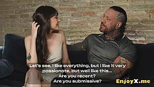 that tatted black-haired babe with shaved snatch deepthroats bf and slurps every drop of cum