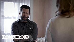 lonely stepdad can't resist sneaking a taste of his stepson's fiery redhead girlfriend's hairy pussy from behind