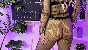 slipping into sheer fishnet tights