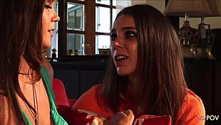 Her heartbroken sobs turn to moans as the brunette lesbian offers big natural tits and wet pussy for scissoring and tribbing