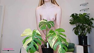 Redhead bares small tits nipples and pussy close-up without pants in intense POV