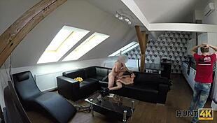 A young 18+ chick RIDES guy's DICK right next to her submissive CUCKOLD in this Hunt4k pickup