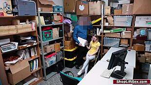 Petite teen shoplifter's lingerie deepthroat turns into office hardcore release