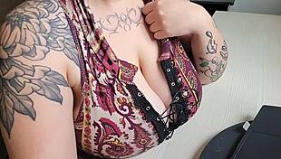 Chubby office friend with huge saggy tits and hairy pussy plays solo at work