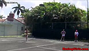 hazing sorority girls devour wet pussies right on the tennis court