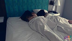 Two hot brunettes invite neighbor for bareback threesome fun next door.