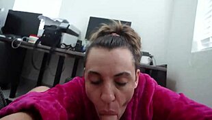 pov asmr pawg milf in fluffy robe swallows quickie cum