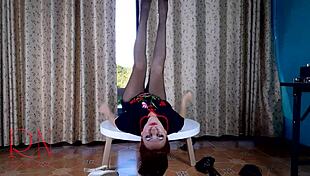 nice lady in pantyhose heels strips at round table