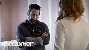 lonely stepdad can't resist sneaking a taste of his stepson's fiery redhead girlfriend's hairy pussy from behind