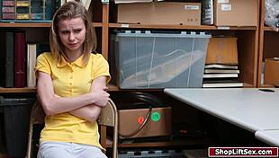 Petite teen shoplifter's lingerie deepthroat turns into office hardcore release