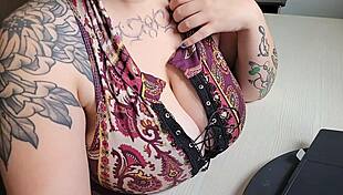 Chubby office friend with huge saggy tits and hairy pussy plays solo at work