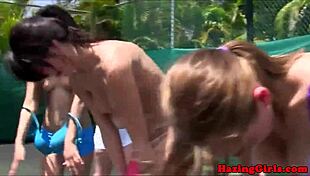 hazing sorority girls devour wet pussies right on the tennis court