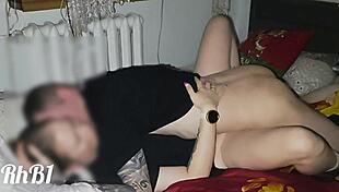 young redhead milf moans loud in homemade fuck as cute teen couple hits juicy pussy orgasm in socks.