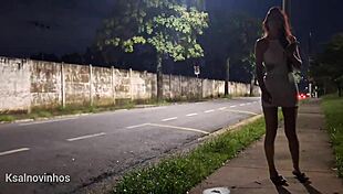 Redhead gets risky handjob at crowded bus stop