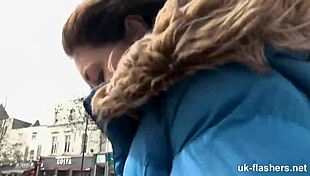 British milf flashes her cute perky titties outdoors fingering wildly