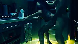 Beautiful slender wife in erotic bodysuit gets rough kitchen pounding in every position