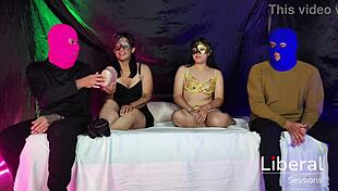 real swinger couple swap leads to juicy latina wife riding stranger's cock in homemade 4some