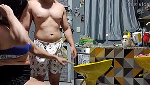 sexy latina milf caught flashing big clit pussy in kitchen by neighbor