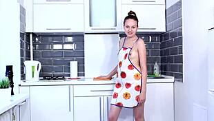 solo hairy milf fingers pussy in kitchen heels stockings horny af