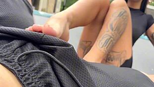 public footjob pairs with deepthroat on huge cock