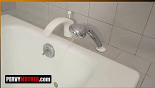 curvy milf catches stepson stroking cock and drops to knees for intense sucking