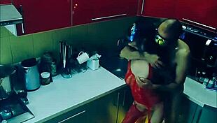 Beautiful slender wife in erotic bodysuit gets rough kitchen pounding in every position