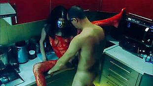 Beautiful slender wife in erotic bodysuit gets rough kitchen pounding in every position