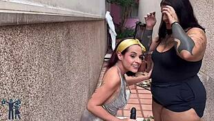 horny slut snags big tits babe on street for outdoor lesbian pound