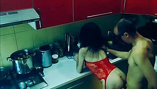 Beautiful slender wife in erotic bodysuit gets rough kitchen pounding in every position