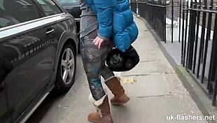 British milf flashes her cute perky titties outdoors fingering wildly