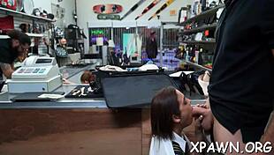 Reality sex erupts in store backroom with horny slut sucking rough cock