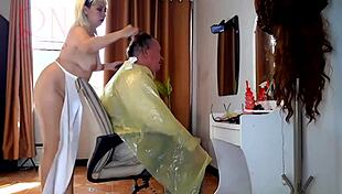 Nudist Barbershop Lady Surprises Client in Apron on Camera