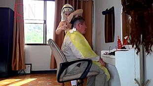 Nudist Barbershop Lady Surprises Client in Apron on Camera