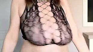 damn girl, that sexy black net dress, heels, huge tits pussy up close