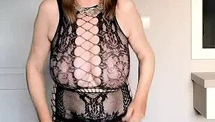 damn girl, that sexy black net dress, heels, huge tits pussy up close