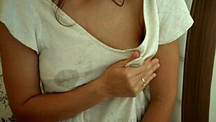 Petite brunette milks her lactating small tits up close dripping wet homemade goodness